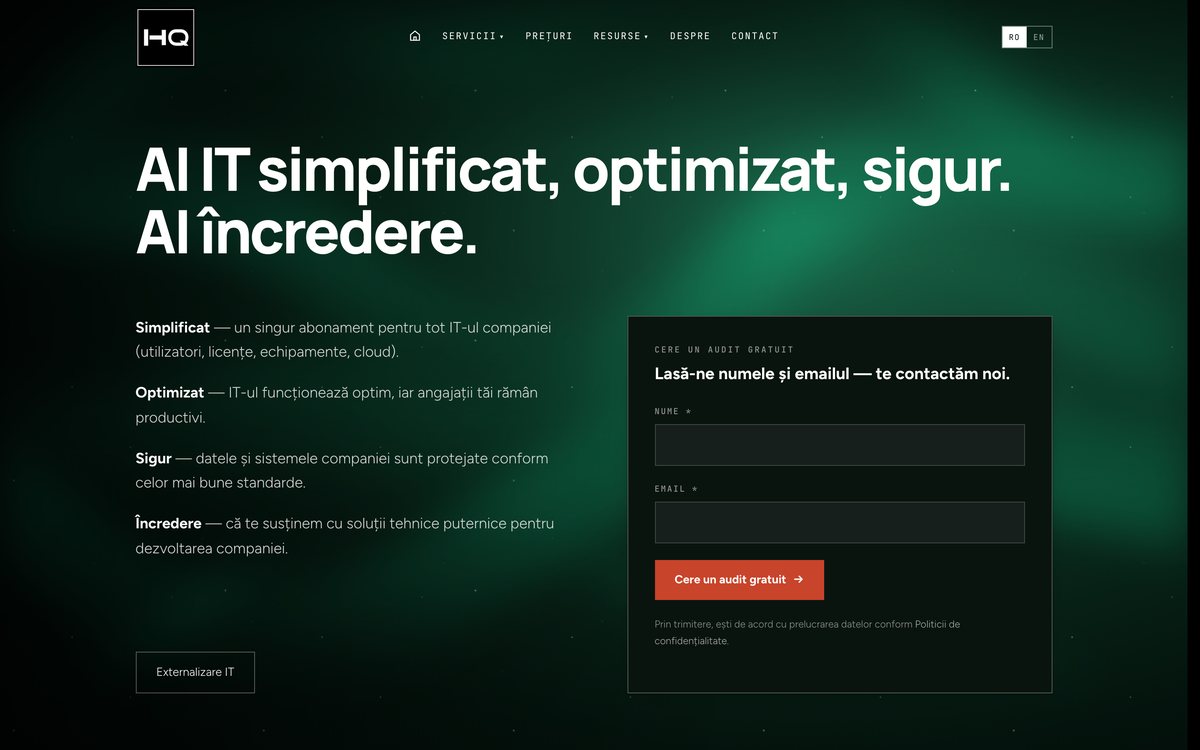 The HQ Solutions homepage: a dark hero reading Ai IT simplificat, optimizat, sigur. Ai incredere, with a free audit form.
